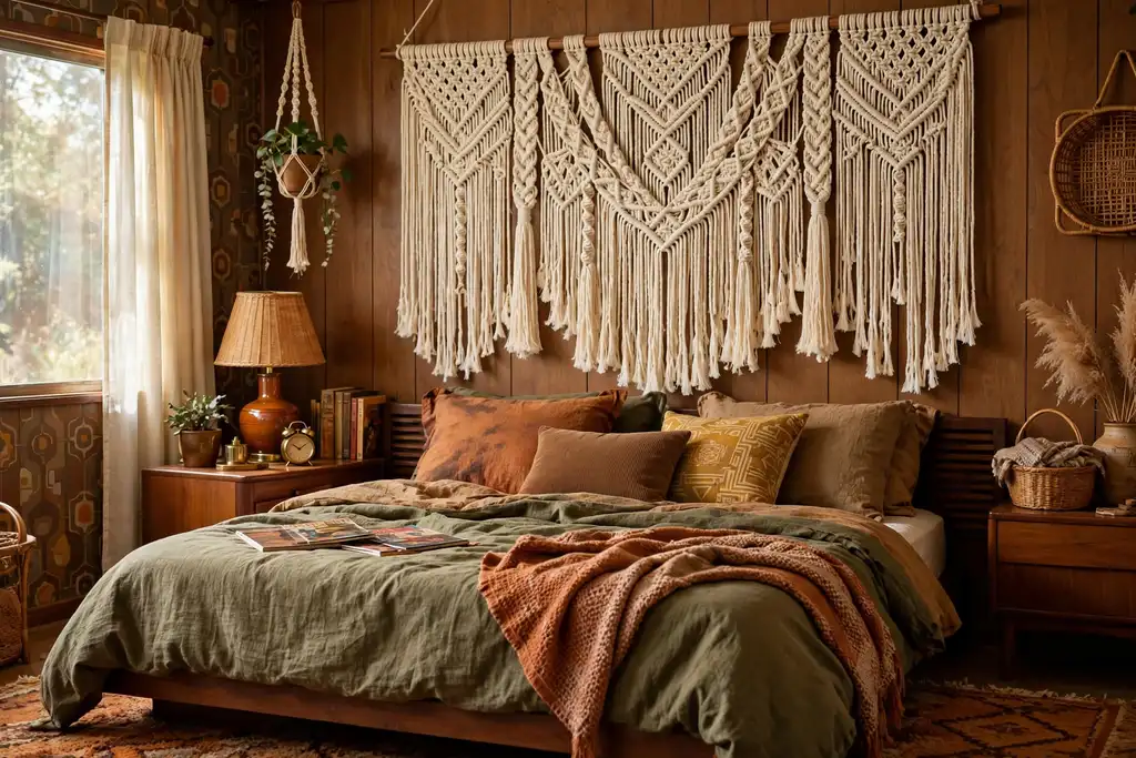Large cream macrame wall hanging with fringe above a bed.