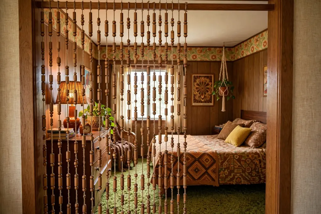 Wooden beaded curtain hanging in a bedroom doorway.