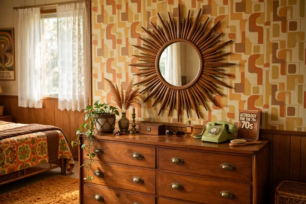 Sunburst mirror with wood rays above a warm wood dresser in a bedroom.