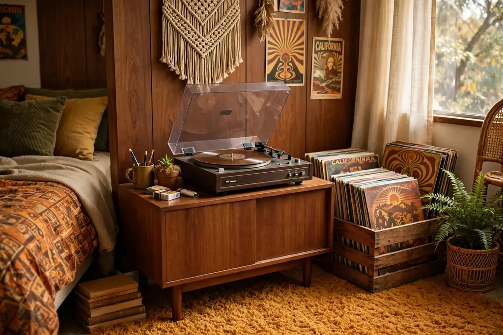 Bedroom vinyl listening corner with a record player on a low wood cabinet and a crate of records.