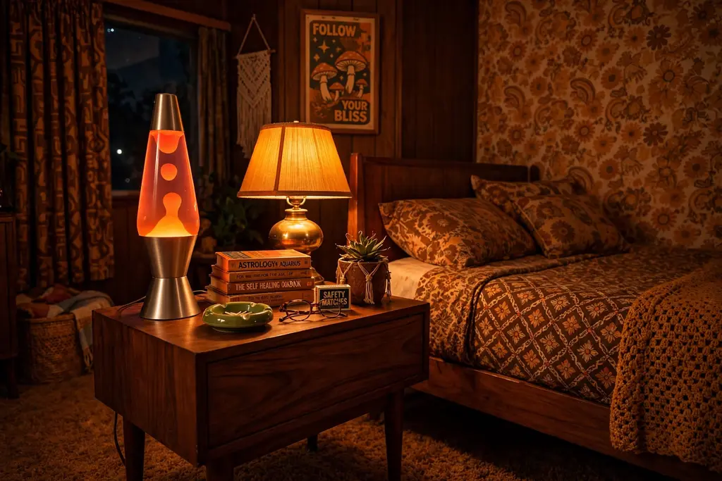 Bedroom nightstand with a glowing orange lava lamp and a warm bedside lamp at night.