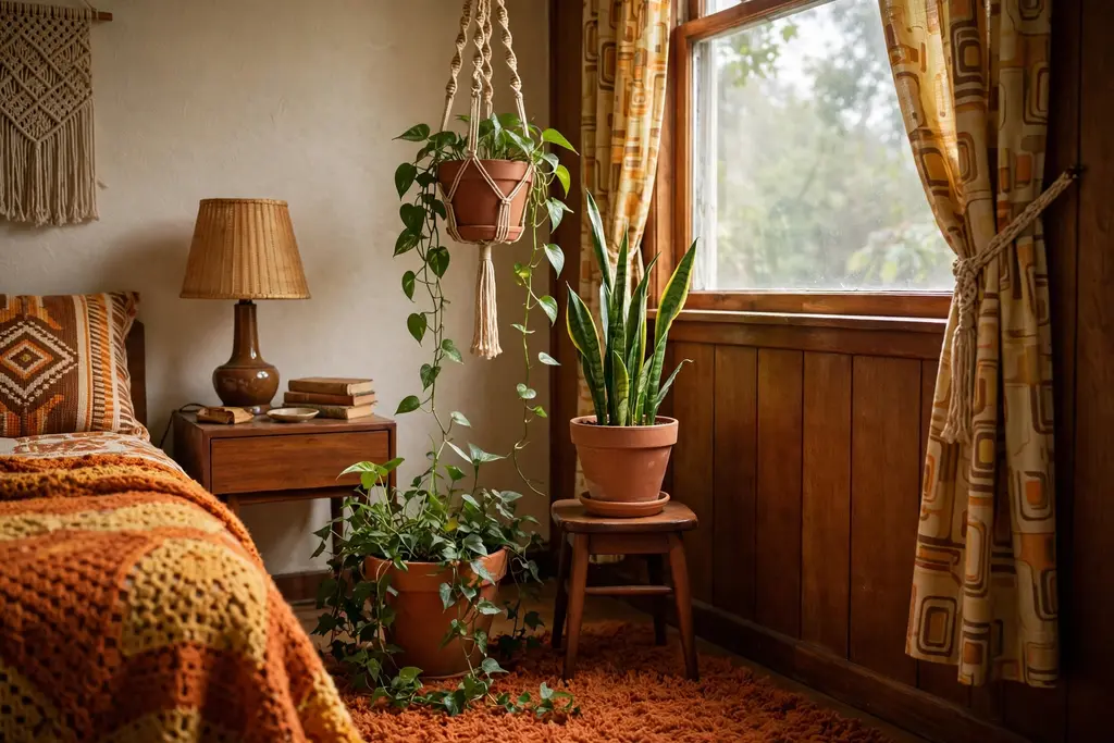Bedroom corner with plants in terracotta pots at three heights near a window.