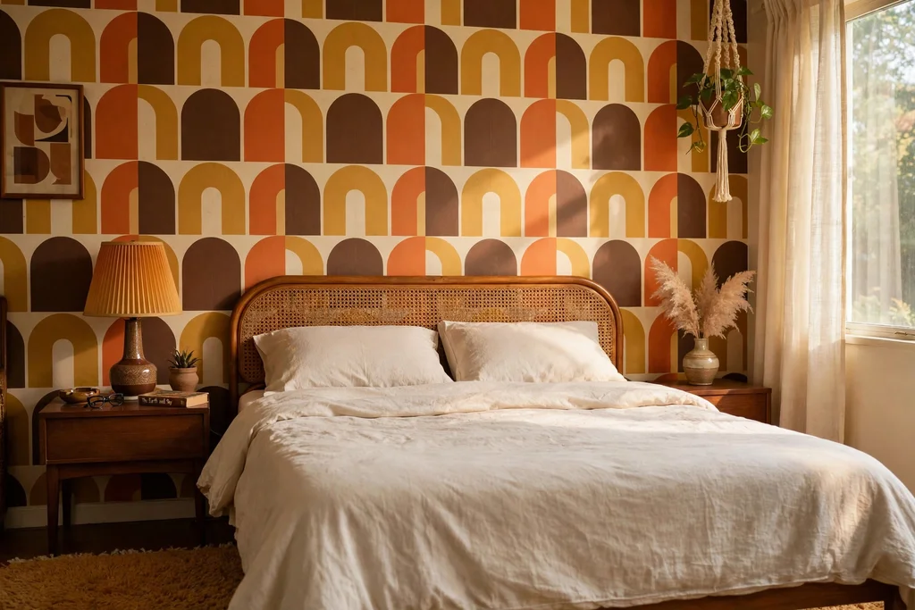 Bedroom wall with retro geometric wallpaper in orange, mustard, and brown arches.