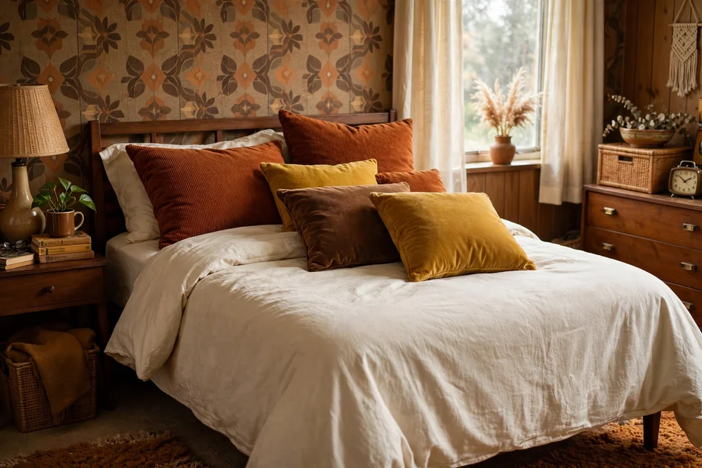 Bed layered with corduroy and velvet cushions in rust, mustard, and brown.