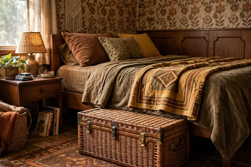 Wicker trunk at the foot of a bed in a warm 70s bedroom.