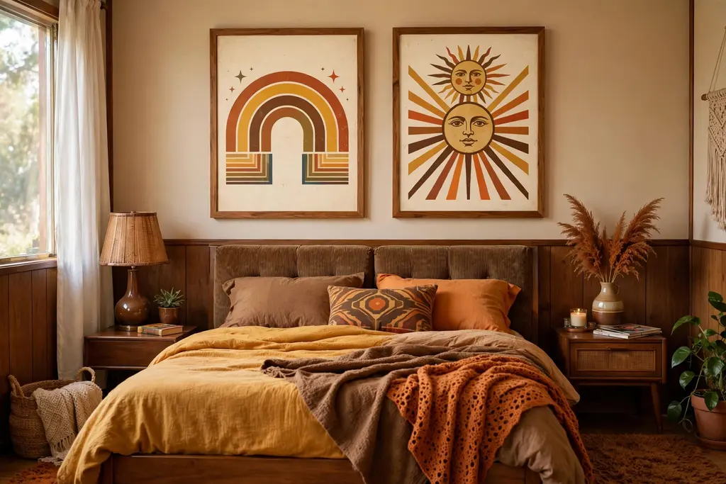 Bedroom wall with retro rainbow and sun art prints in matching wood frames.