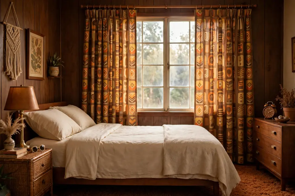 Bedroom window with retro patterned curtains in orange, mustard, and brown.
