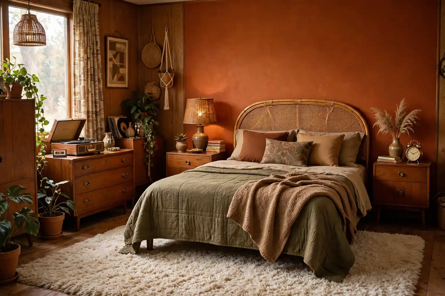 Wide 70s bedroom with a burnt orange accent wall, rattan headboard, shag rug, and warm wood furniture in soft daylight.