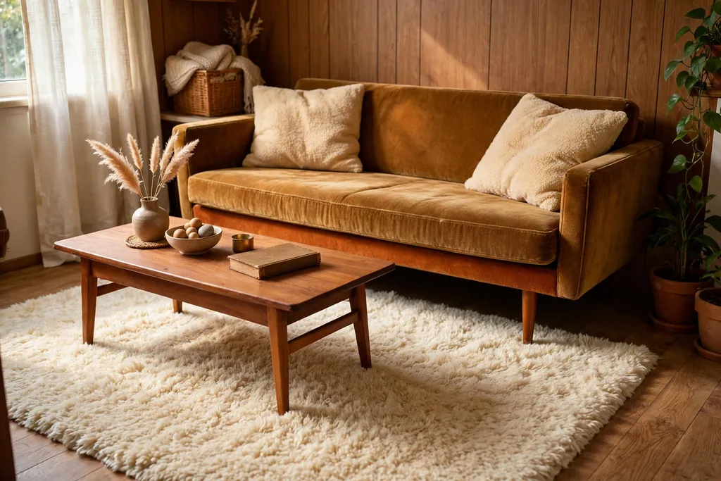 Warm cream shag rug under a low sofa and wooden coffee table.