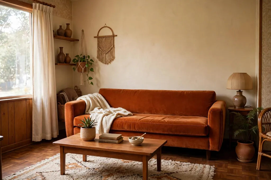 Low burnt orange velvet sofa with rounded arms in a small 70s living room.