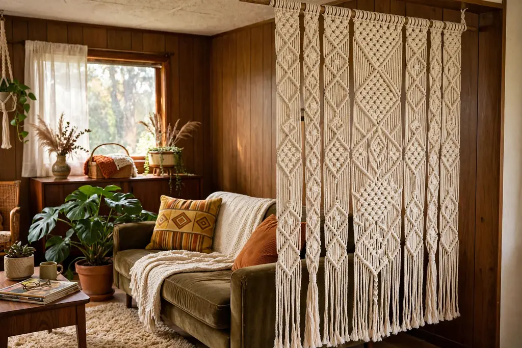 Macrame divider in knotted cream cotton across the edge of a small living room seating zone.