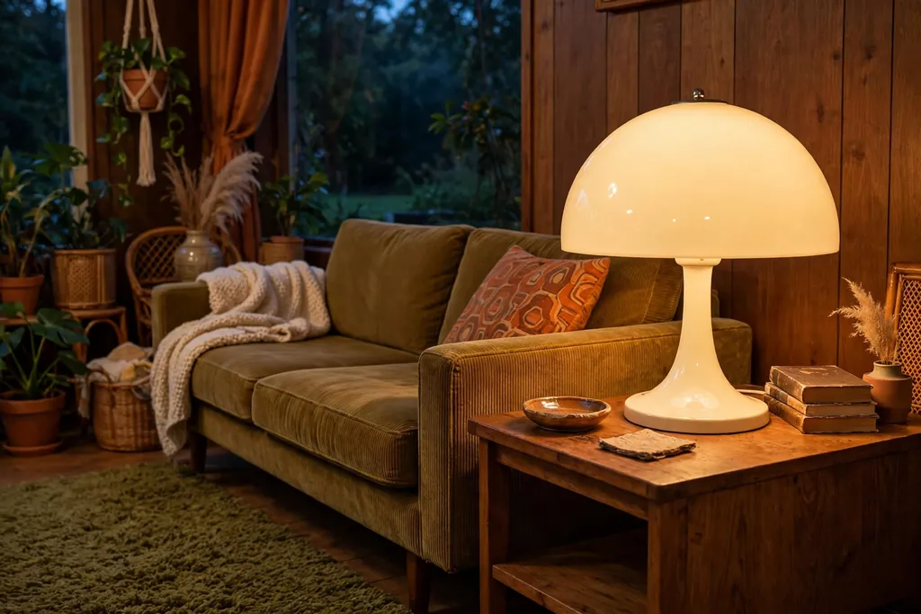 Mushroom lamp with a rounded cream dome shade glowing on a side table beside a sofa.