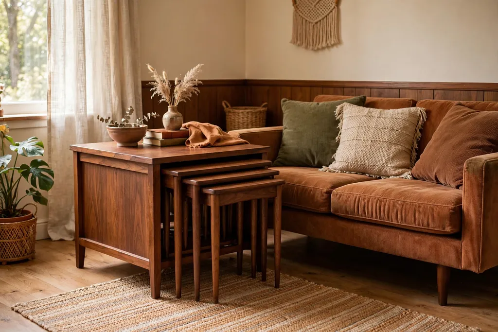 Walnut nesting tables tucked under a larger side table beside a sofa.