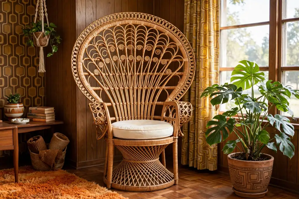 Rattan peacock chair with a cream cushion in a bright living room corner.