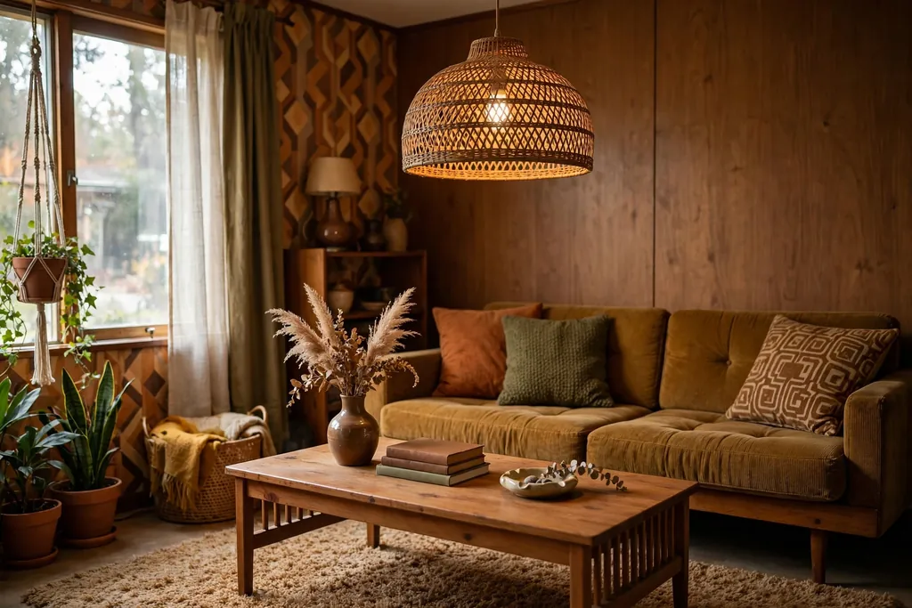 Woven rattan pendant light hanging over a low coffee table.