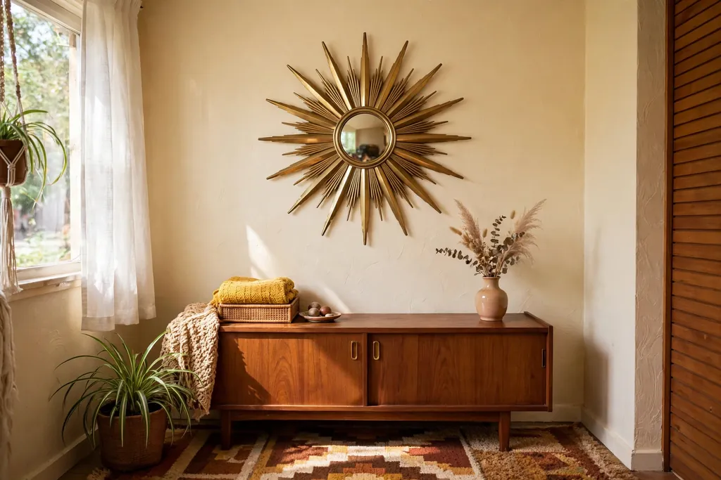 Brass sunburst mirror above a low wooden console in a small living room.