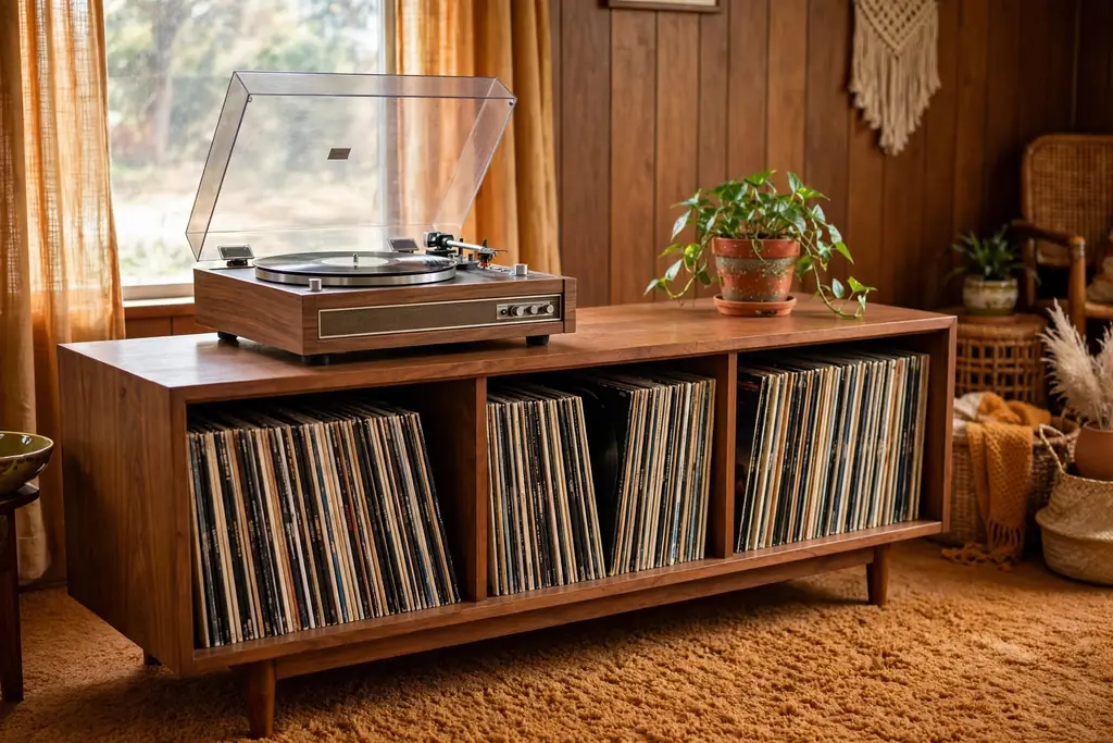 Low wooden vinyl console with a record player on top and records stored below.