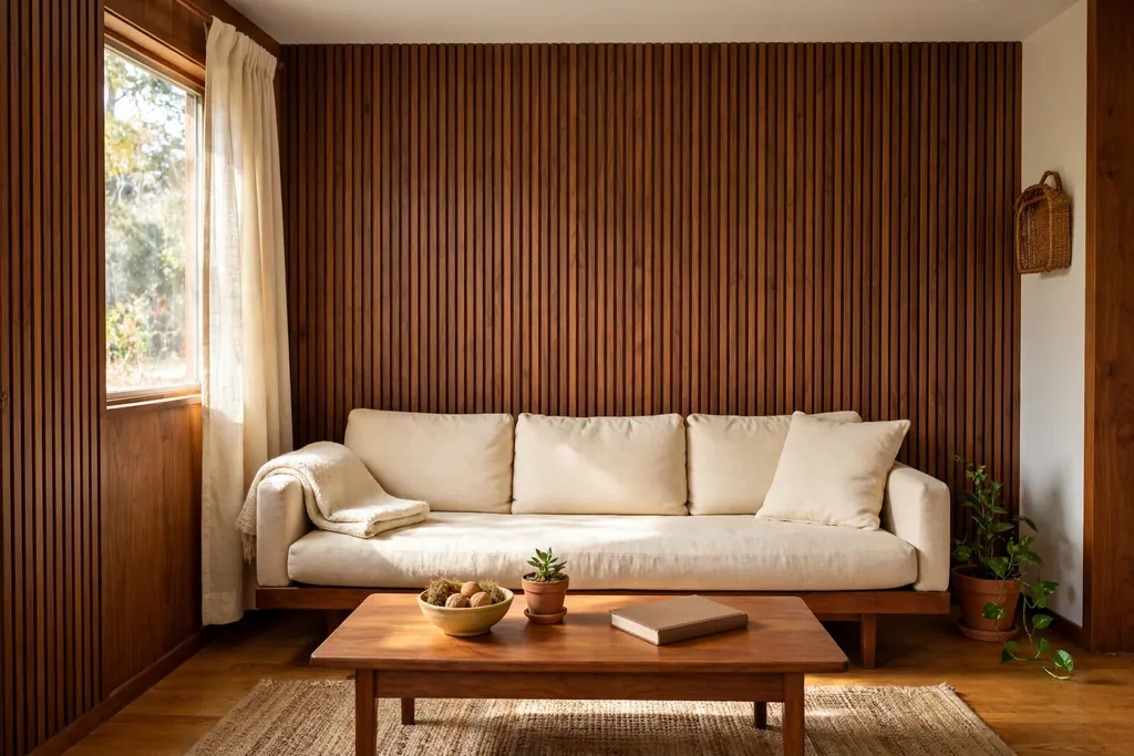Walnut slat wall behind a low sofa in a small 70s living room.