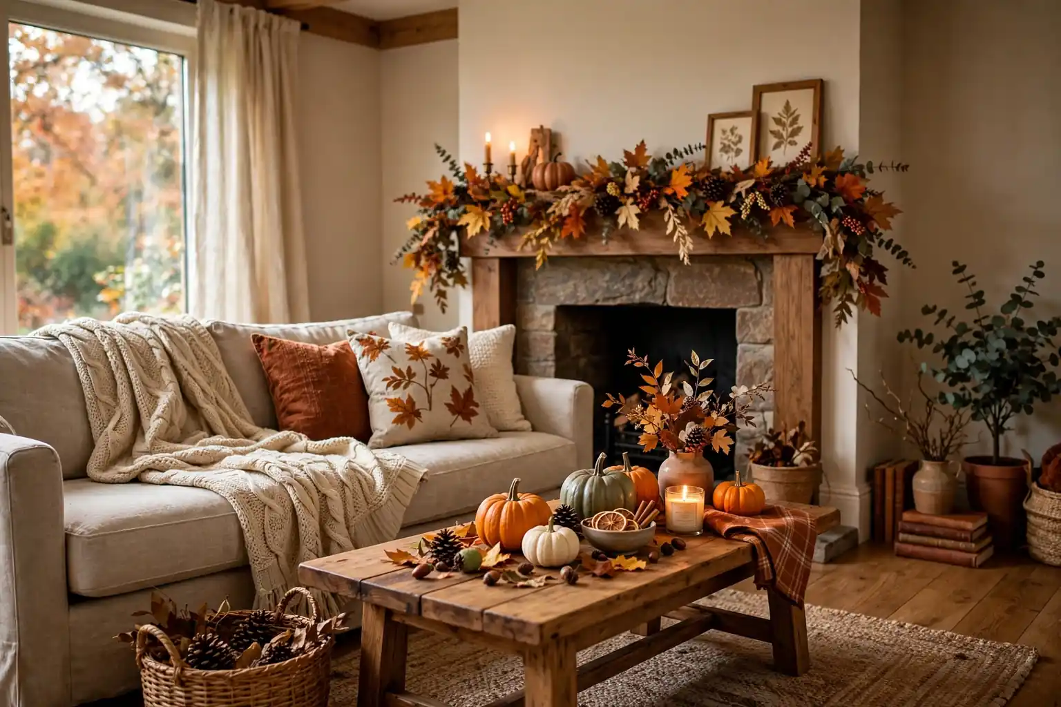 Cozy living room decorated for fall with pumpkins, a knit throw, and a leaf garland on the mantel