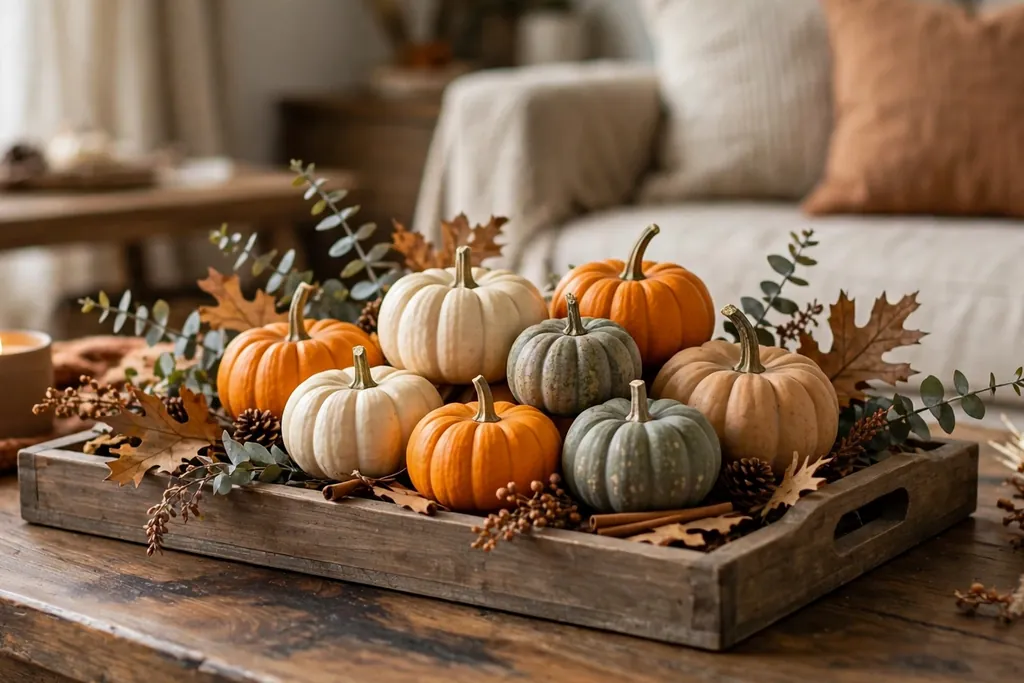 Small pumpkins grouped on a wooden tray as a fall tabletop display