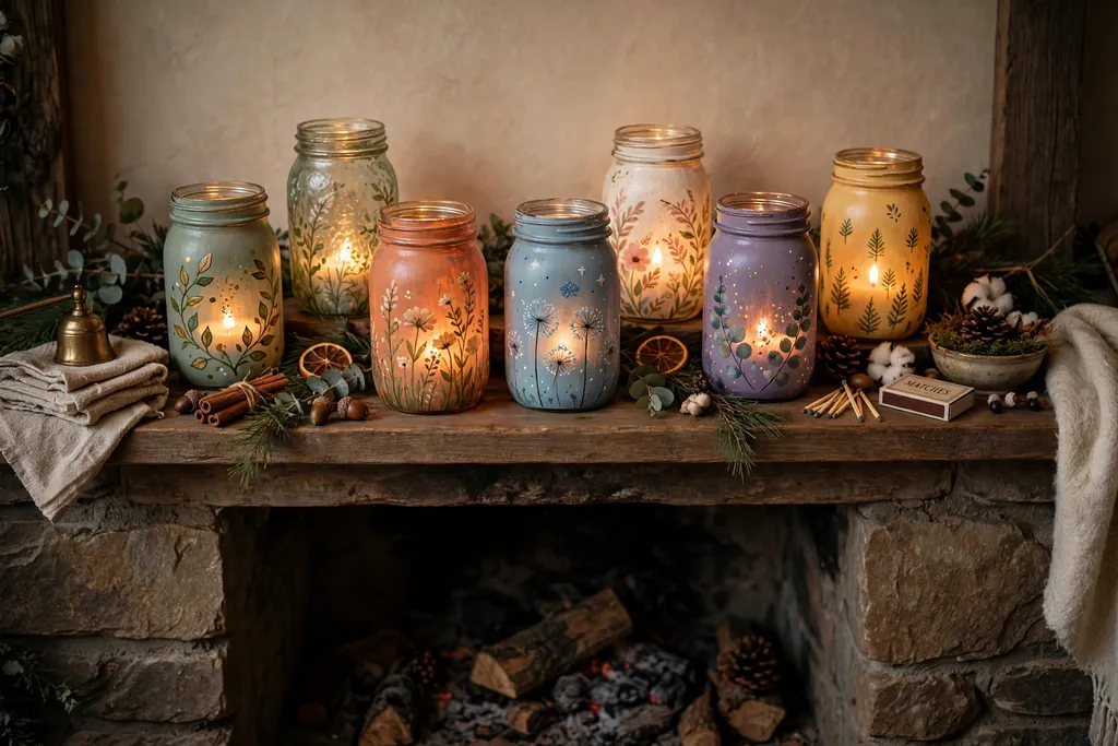 Painted mason jar lanterns with warm candlelight on a mantel
