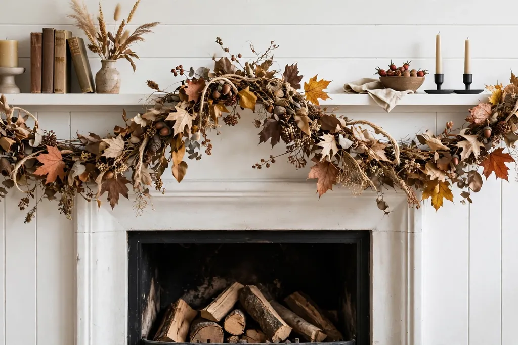 Dried autumn leaf garland draped along a fireplace mantel