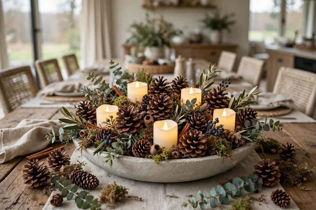 Pinecone and candle centerpiece in a shallow bowl on a dining table