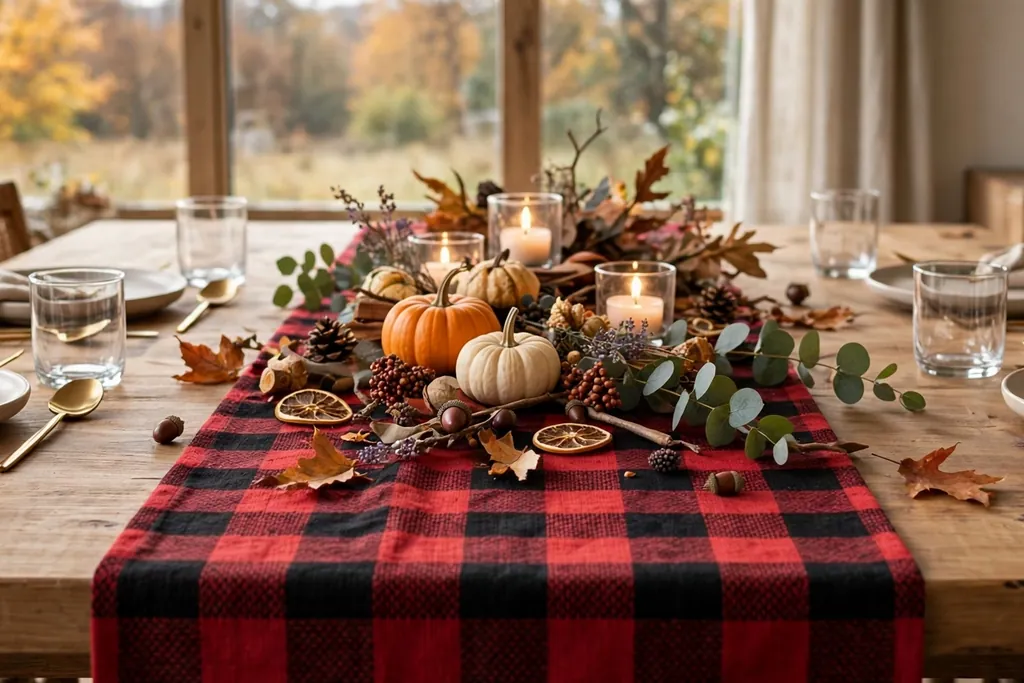 Dining table with a plaid fall table runner and a simple centerpiece