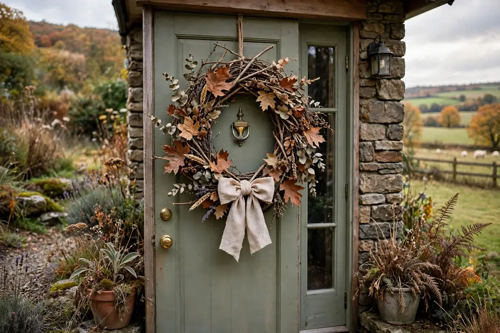 Handmade twig wreath with dried leaves hanging on a front door