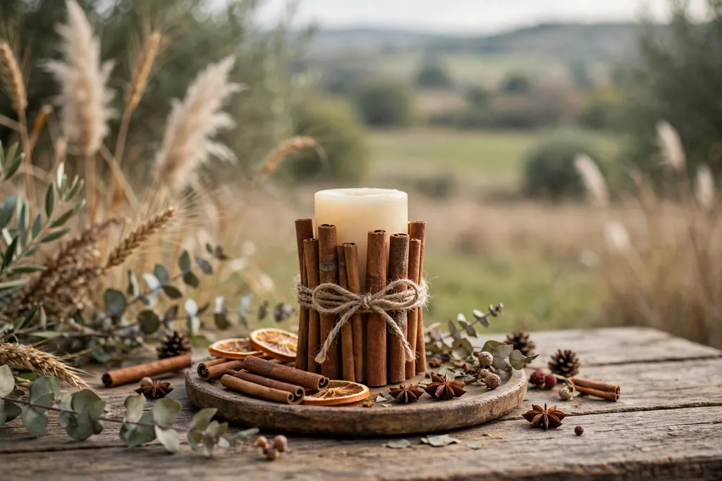 Candle wrapped with cinnamon sticks tied with twine