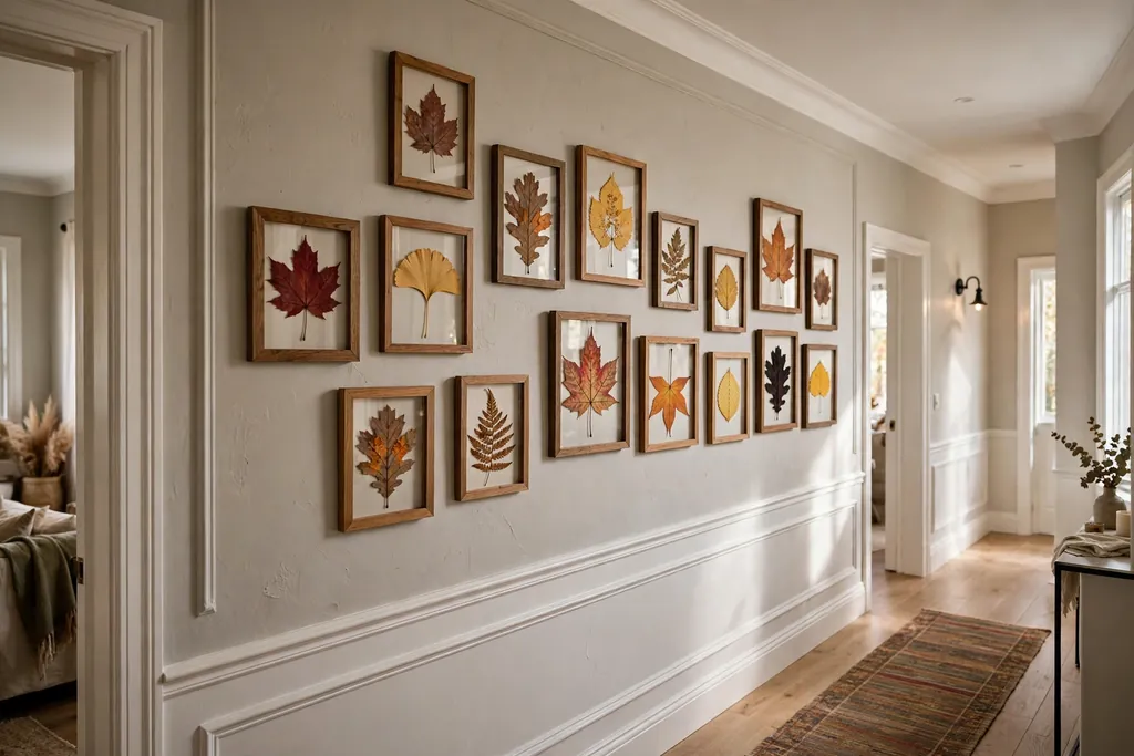 Framed pressed autumn leaves displayed on a wall