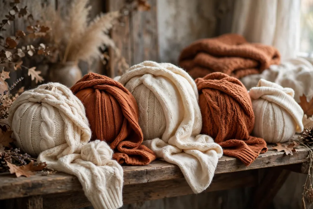Pumpkins covered in sweater fabric arranged on a wooden shelf