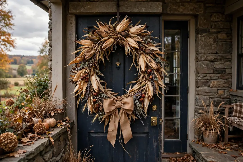 Dried corn husk swag with a bow on a front door
