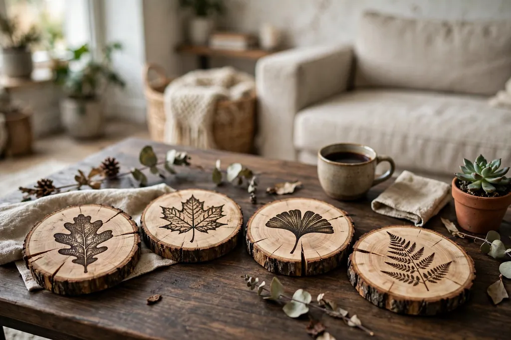 Wood slice coasters with leaf designs on a coffee table