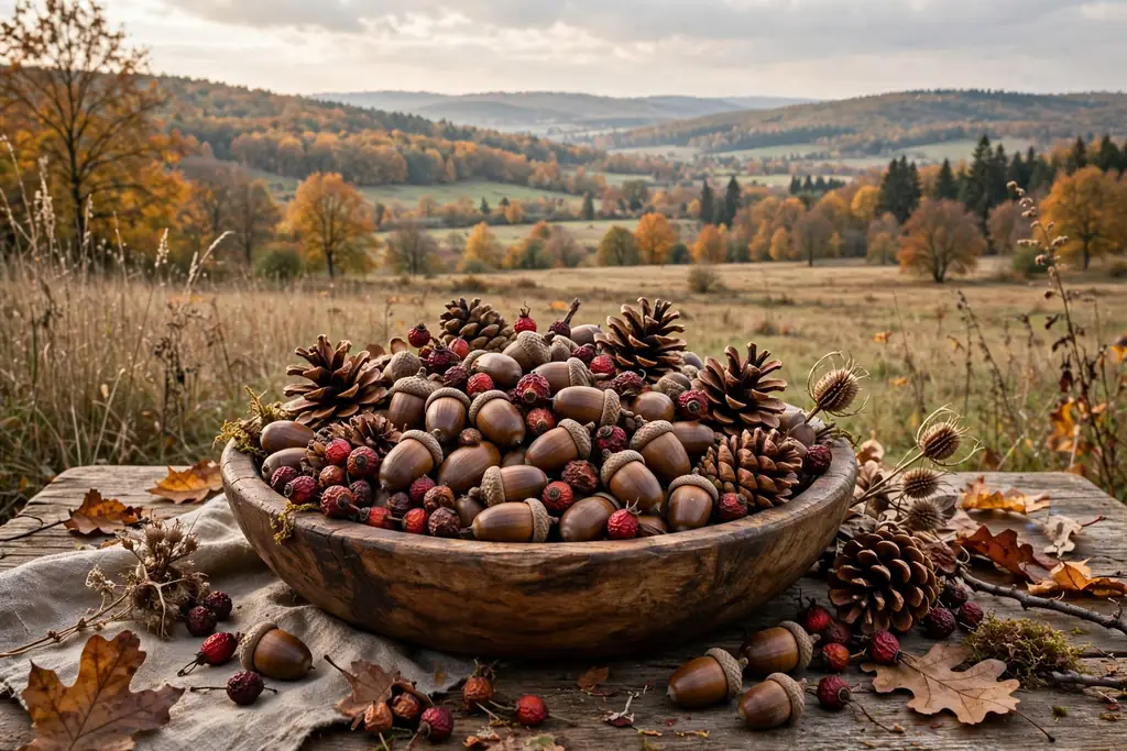 Bowl filled with acorns, pinecones, and dried berries as fall filler