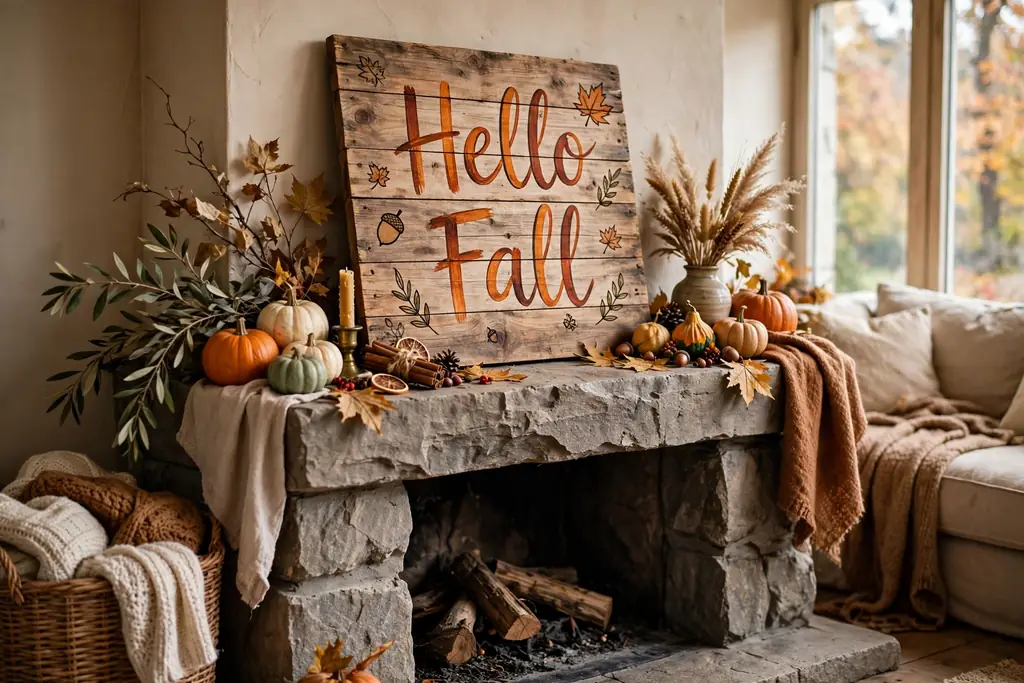 Hand lettered wooden fall sign leaning on a fireplace mantel