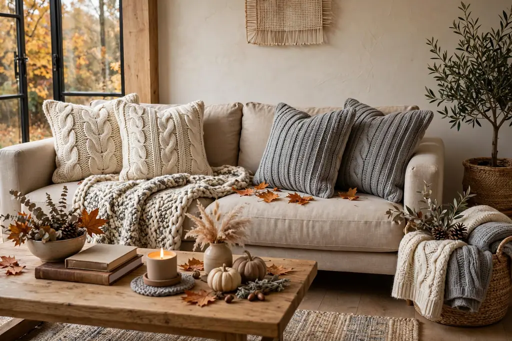 Sofa styled with sweater knit pillow covers for fall