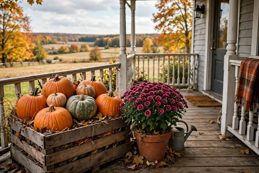 Wooden crate filled with pumpkins and a potted mum on a porch