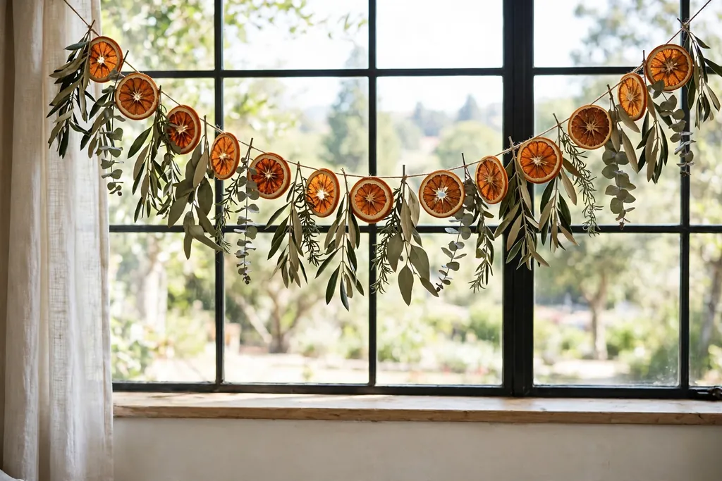 Dried orange slice garland hanging in a bright window