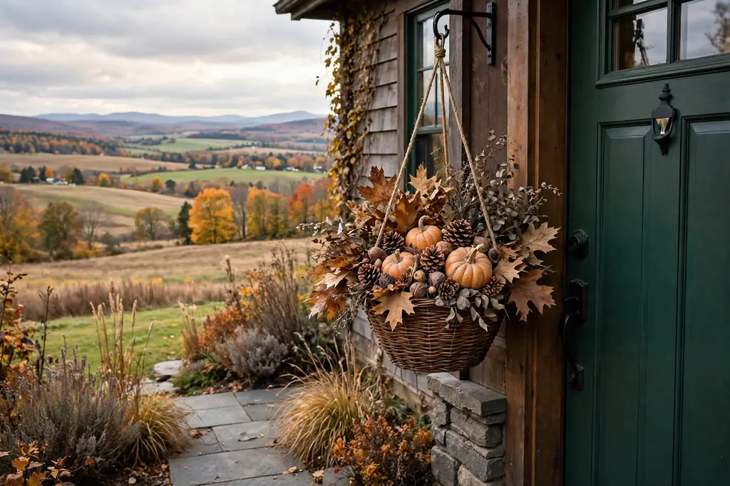Harvest basket filled with fall leaves and small pumpkins by a door