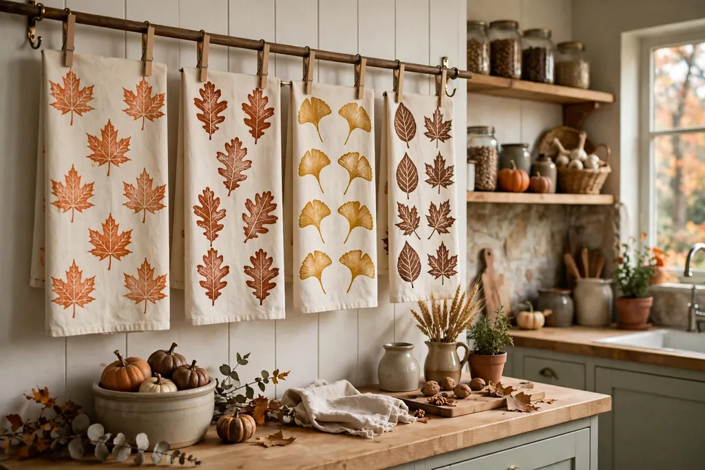 Kitchen tea towels stamped with autumn leaf shapes