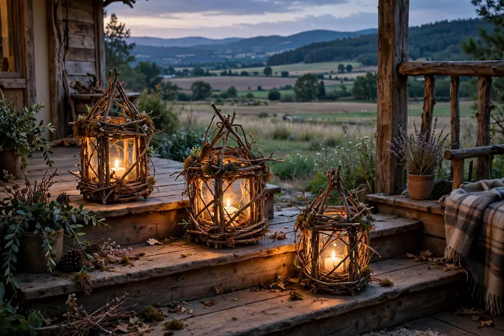 Twig lanterns with candlelight on front porch steps
