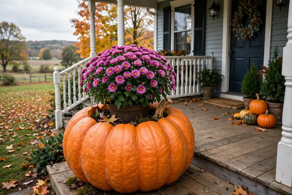 Pumpkin planter holding a potted mum on a porch