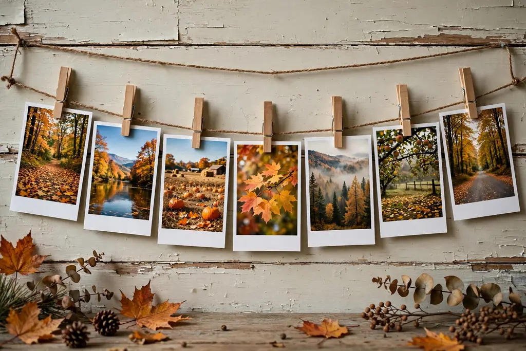 Autumn photos clipped to twine with wooden clothespins on a wall