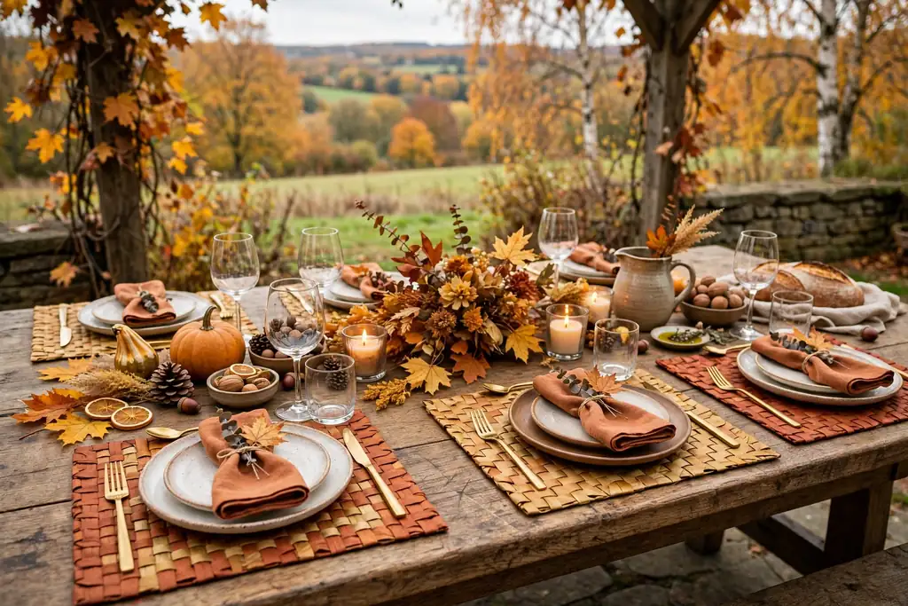 Table set with woven paper placemats in autumn colors
