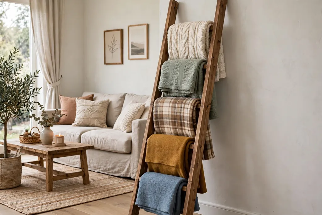 Wooden blanket ladder holding folded blankets in a living room