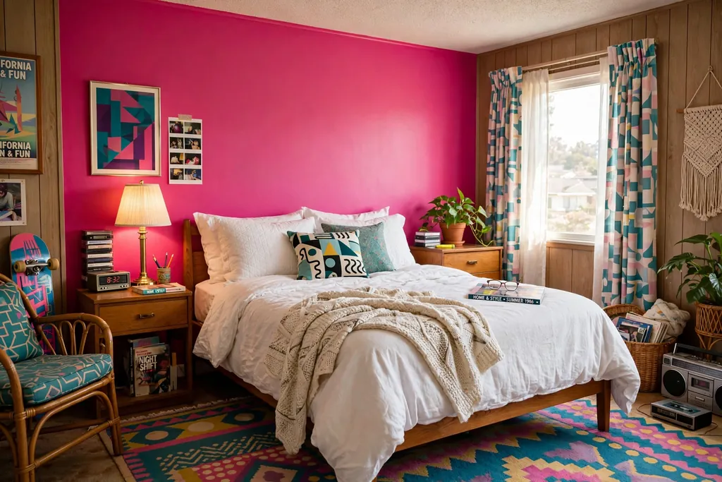 Bedroom with a hot pink accent wall behind a bed with white bedding.