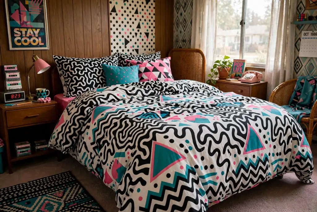Bed with Memphis geometric bedding in black, white, teal, and pink.