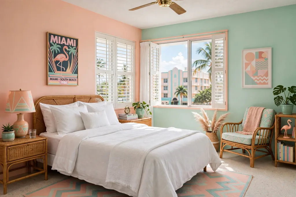 Bedroom with pastel peach and mint walls and white bedding.
