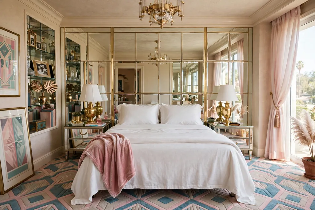 Bedroom with a mirrored headboard wall behind a bed with plain bedding.